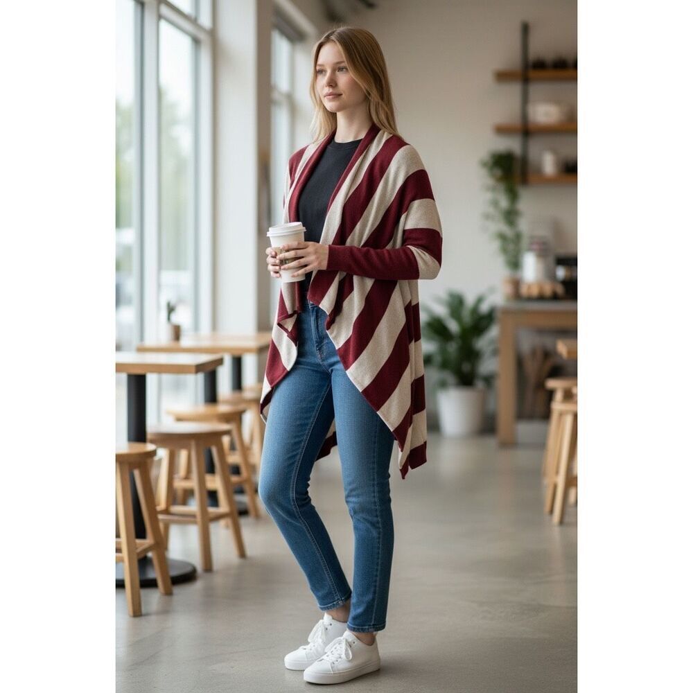 Guess Maroon/Beige Wide Striped Open Flow Cardigan